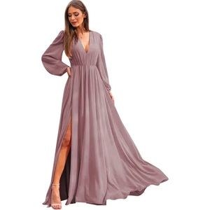 Chiffon V-Neck Bridesmaid Dresses with Slit Long Sleeves
